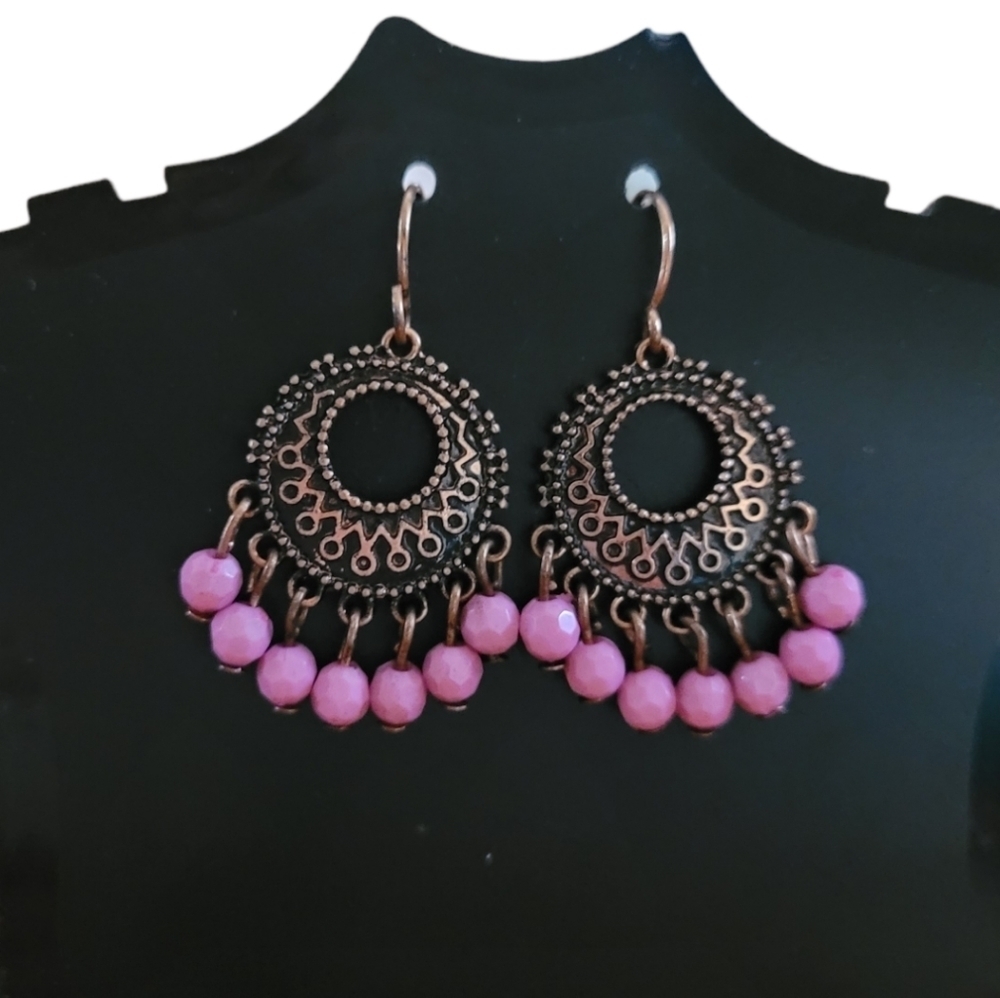 Vintage Pink Beaded Copper‎ Filigree Chandelier Earrings